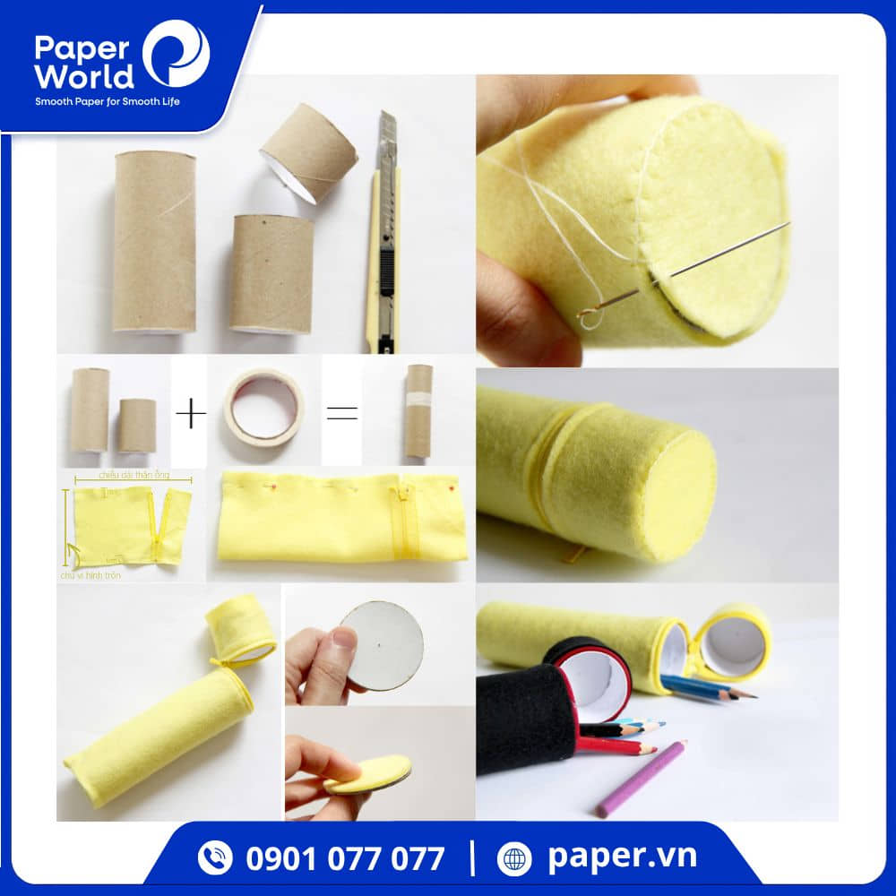 Các bước làm hộp đựng bút từ lõi giấy vệ sinh có khóa kéo