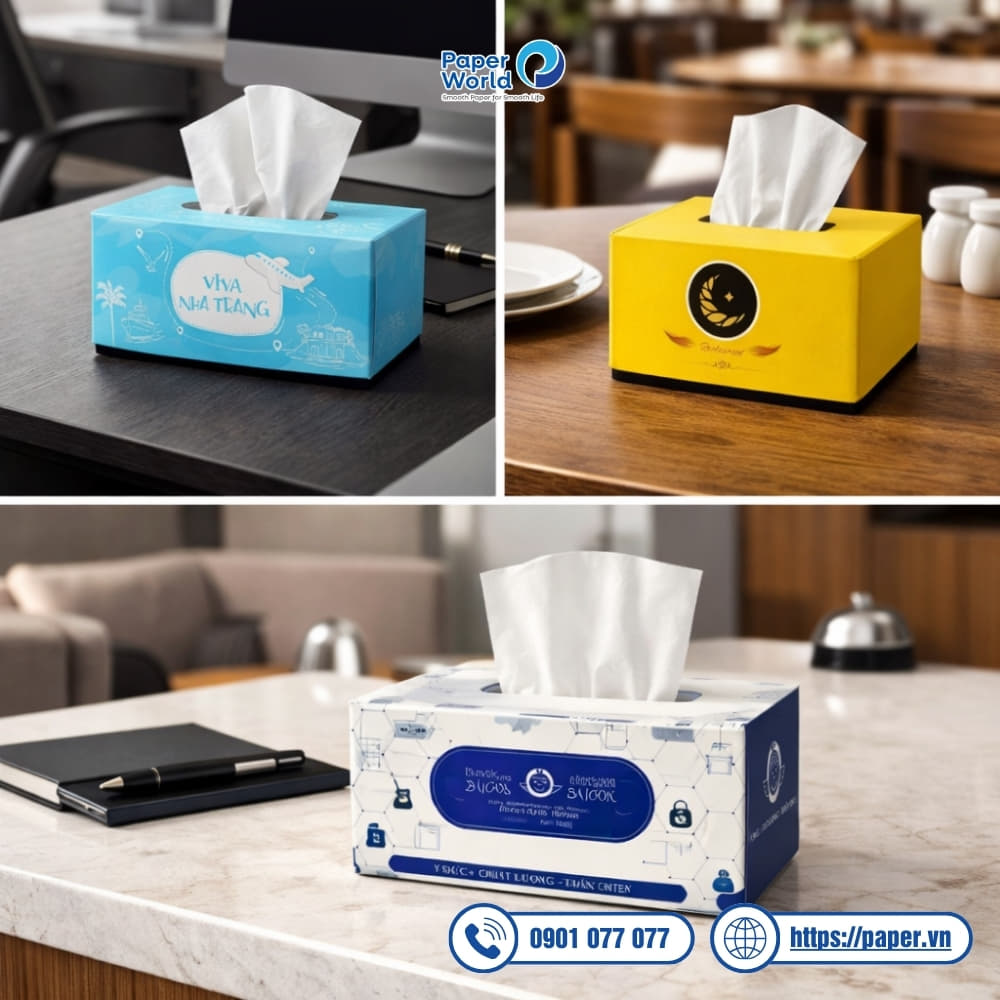 Hộp đựng khăn giấy in logo thương hiệu cho doanh nghiệp