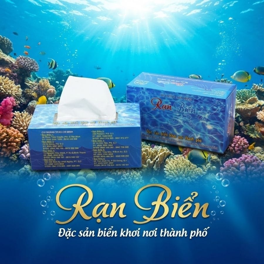 Hộp giấy ăn in logo làm quà tặng cho thương hiệu nhà hàng Rạn Biển