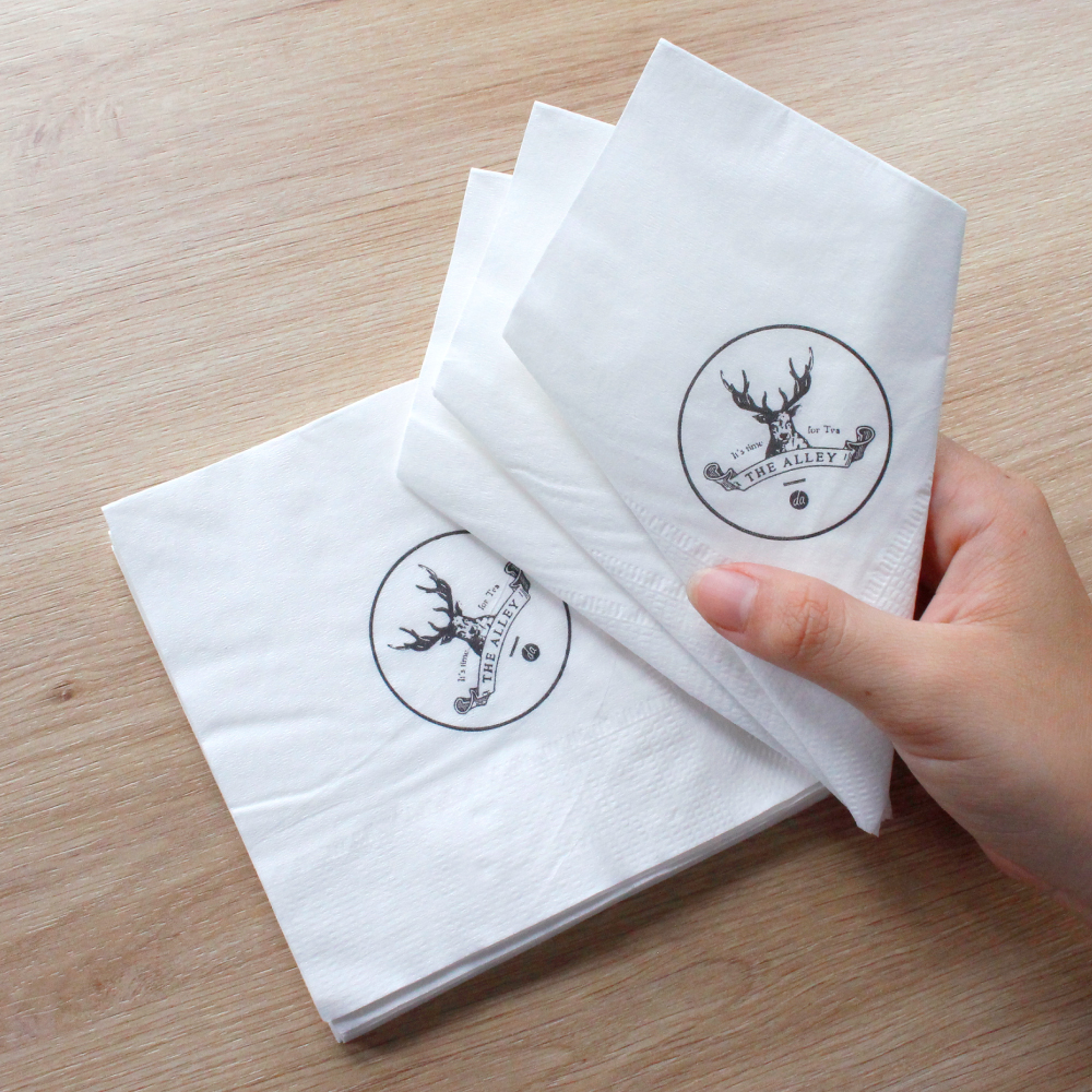 Khăn giấy napkin in logo thương hiệu trà sữa The Alley