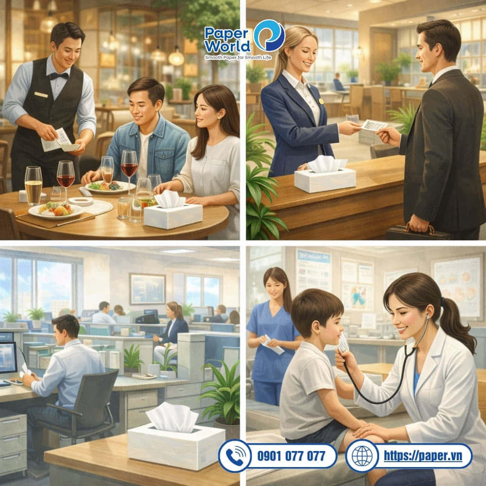 Khăn giấy đa năng nguyên sinh phù hợp cho mọi mô hình doanh nghiệp, đặc biệt là: nhà hàng, văn phòng, khách sạn, bệnh viện...