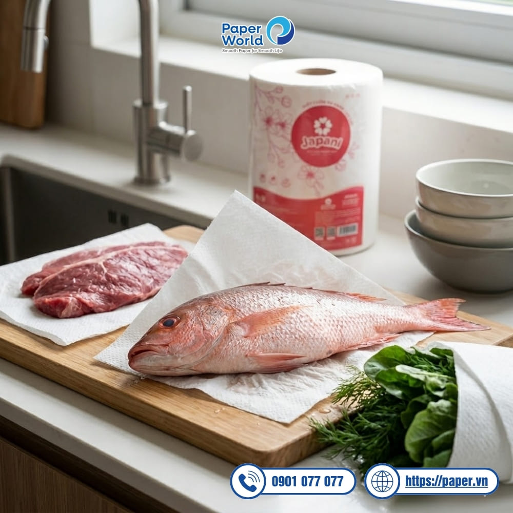 Giấy lau bếp đa năng có thể thấm khô thực phẩm trước khi chế biến hoặc bảo quản lạnh