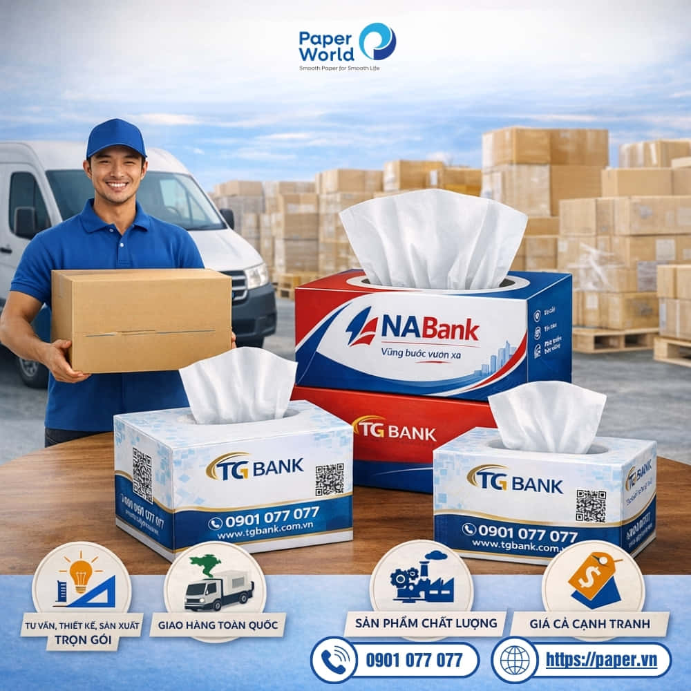 Đặt hàng hộp khăn giấy thương hiệu ngân hàng tại Thế Giới Giấy