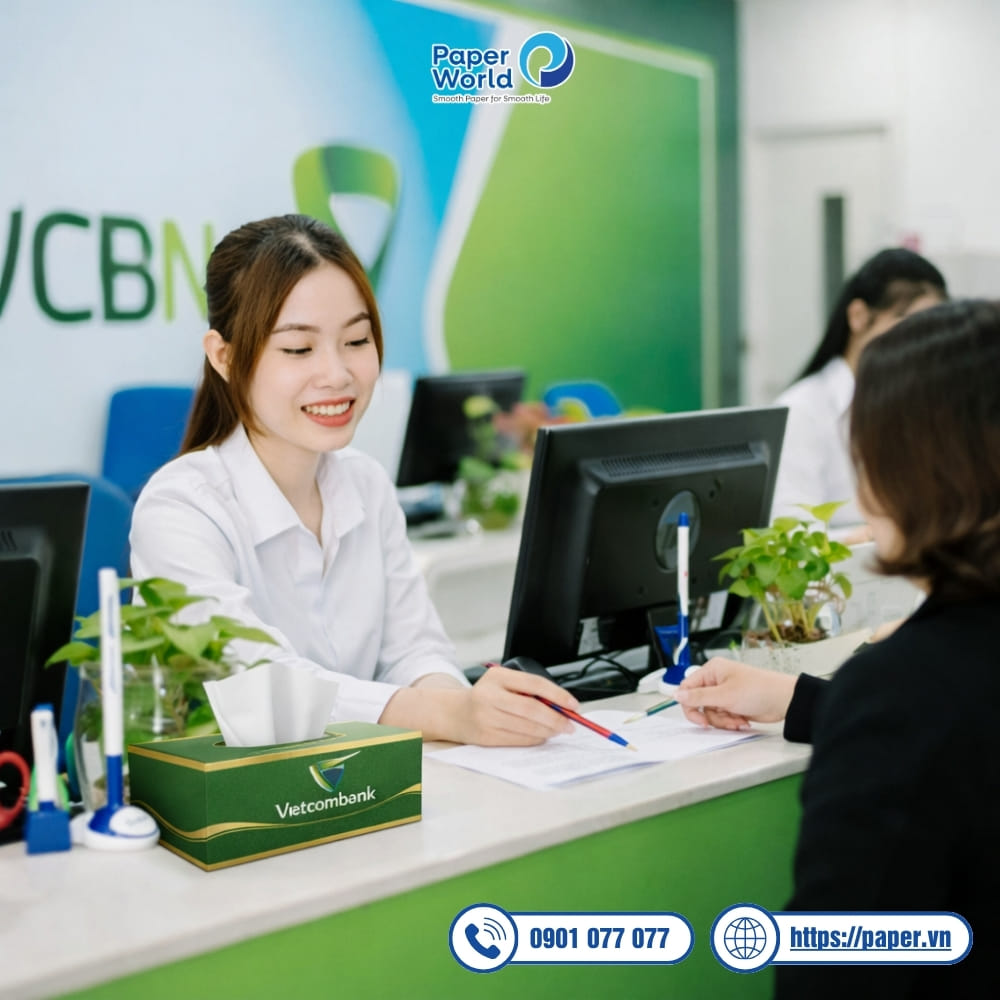 Kết hợp hộp khăn giấy thương hiệu giúp thiết kế quầy giao dịch ngân hàng của bạn trở nên khác biệt, tinh tế hơn