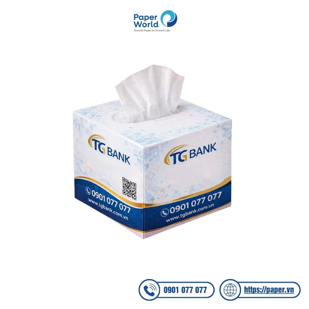 Mẫu hộp khăn giấy thương hiệu ngân hàng tích hợp mã QR - Dạng hộp vuông