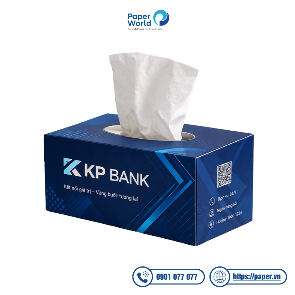 Mẫu hộp khăn giấy thương hiệu ngân hàng tích hợp mã QR - Dạng hộp chữ nhật