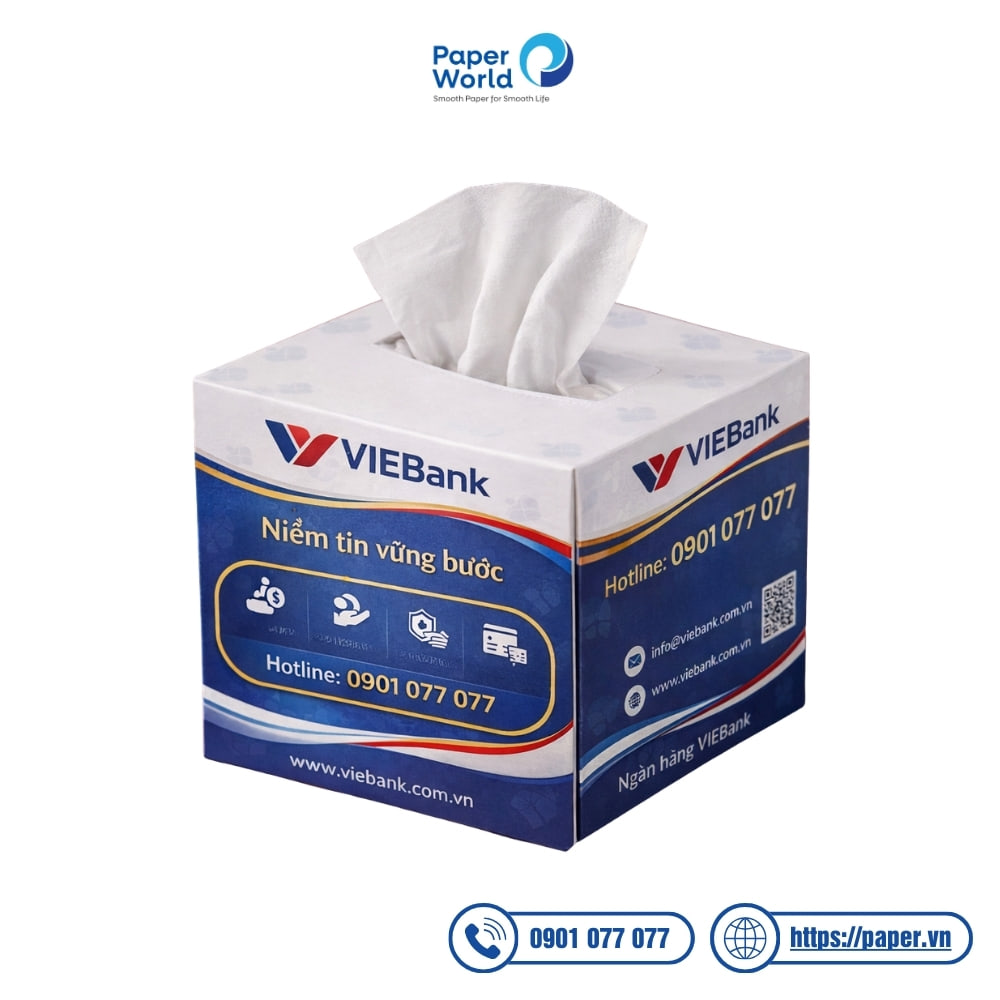 Mẫu hộp khăn giấy thương hiệu ngân hàng tích hợp mã QR - Dạng hộp vuông