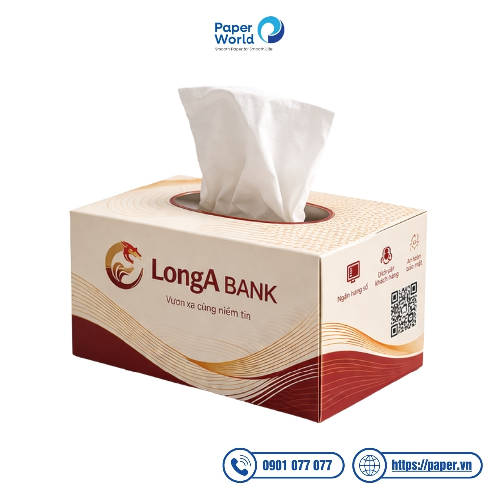 Mẫu hộp khăn giấy thương hiệu ngân hàng tích hợp mã QR - Dạng hộp chữ nhật