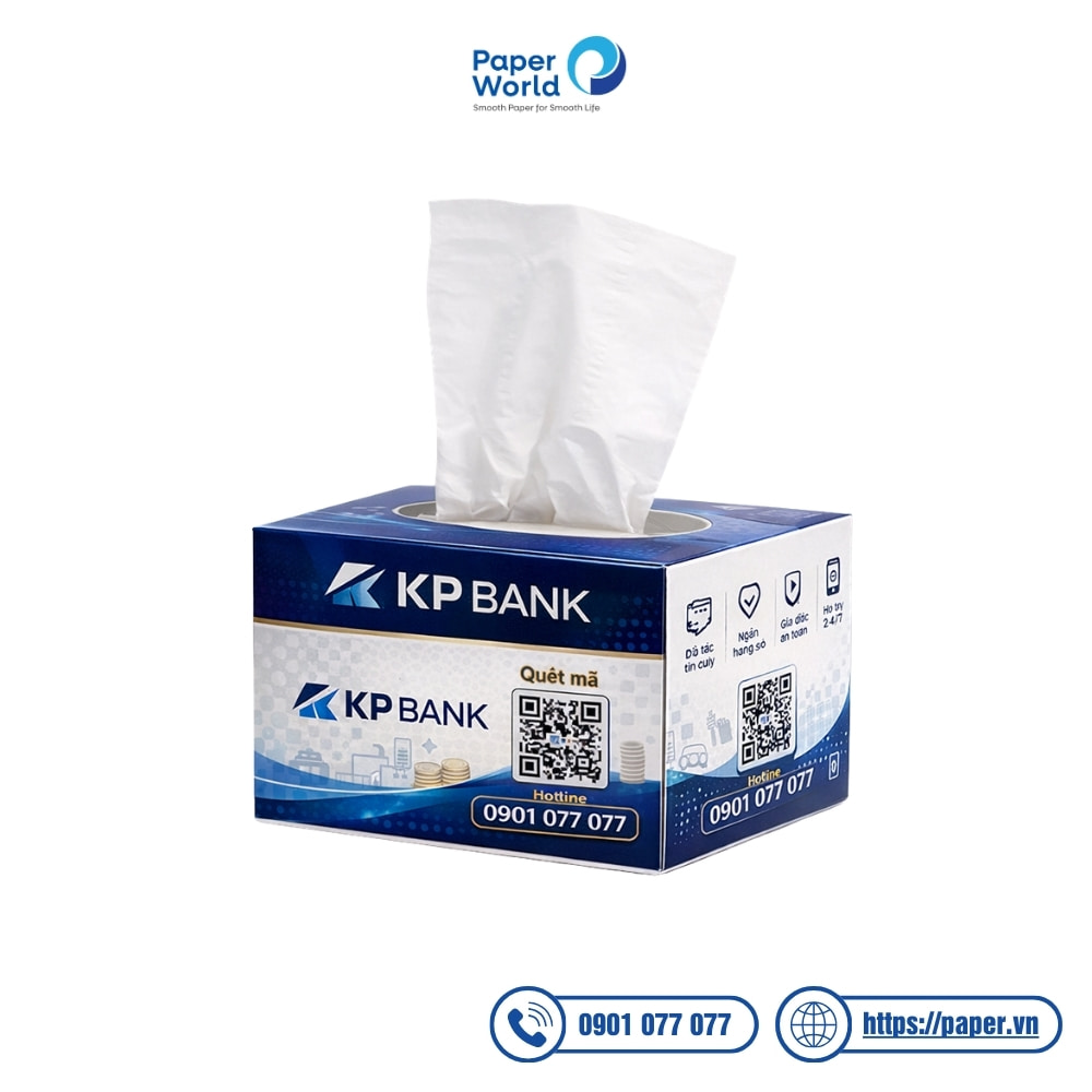 Mẫu hộp khăn giấy thương hiệu ngân hàng tích hợp mã QR - Dạng hộp chữ nhật