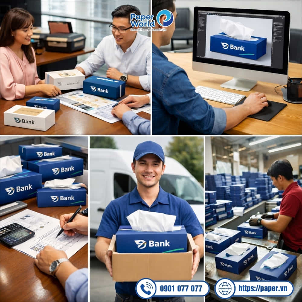 Quy trình đặt mua hộp khăn giấy thương hiệu ngân hàng