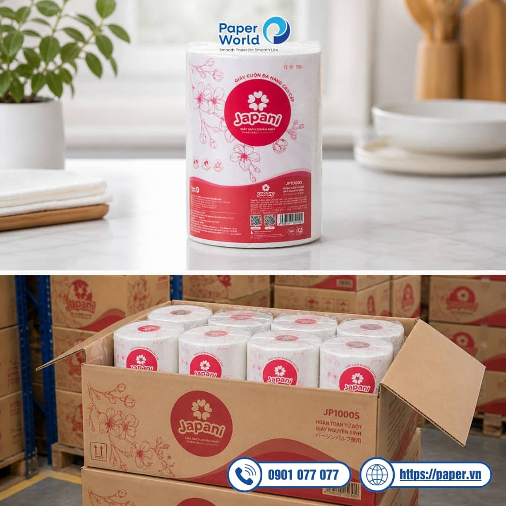 Giấy cuộn lau bếp được đóng gói cẩn thận, bao bì rõ ràng