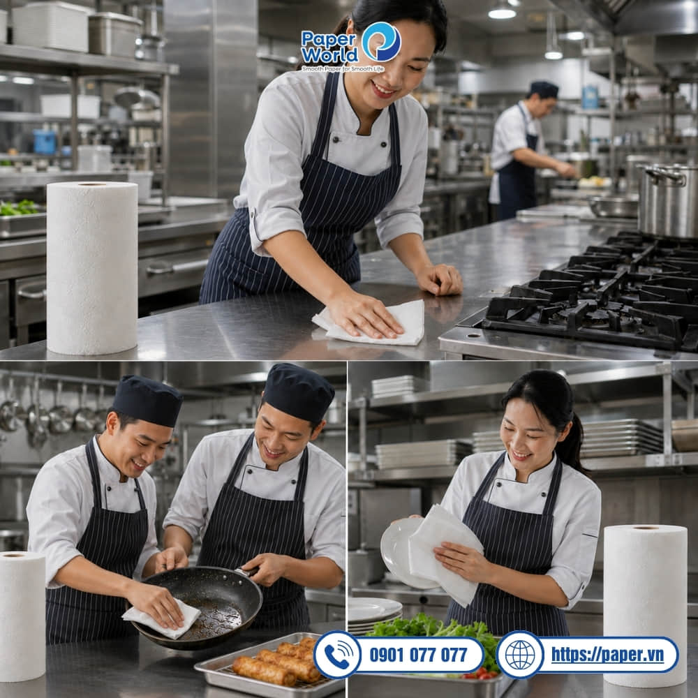 Giấy cuộn đa năng chất lượng cần đảm bảo độ dai, dày ổn định, khó rách khi lau chùi dầu mỡ, chất lỏng trên các bề mặt