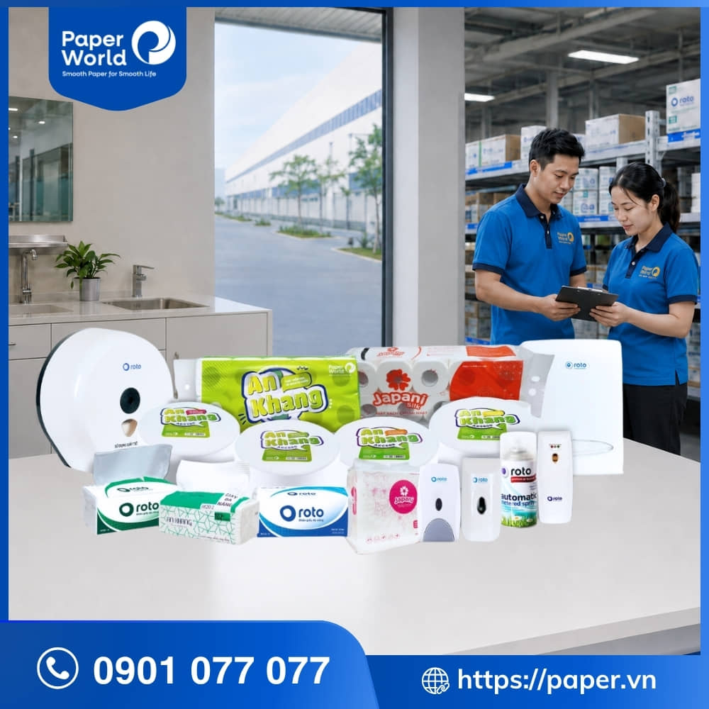 Thế Giới Giấy cung cấp trọn gói các sản phẩm vật tư vệ sinh tiêu hao cho nhà máy, xưởng sản xuất