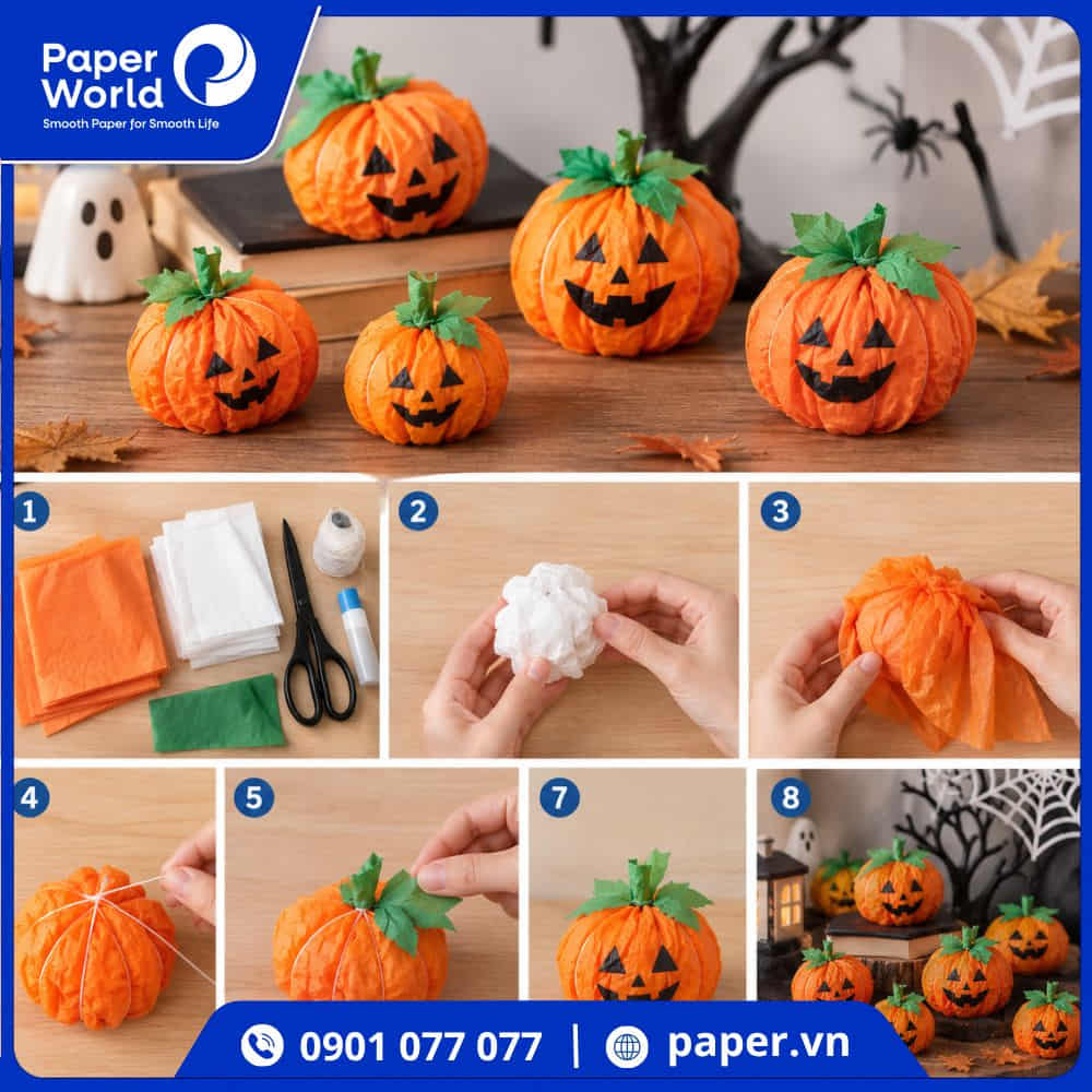 Cách làm bí đỏ trang trí Halloween bằng khăn giấy