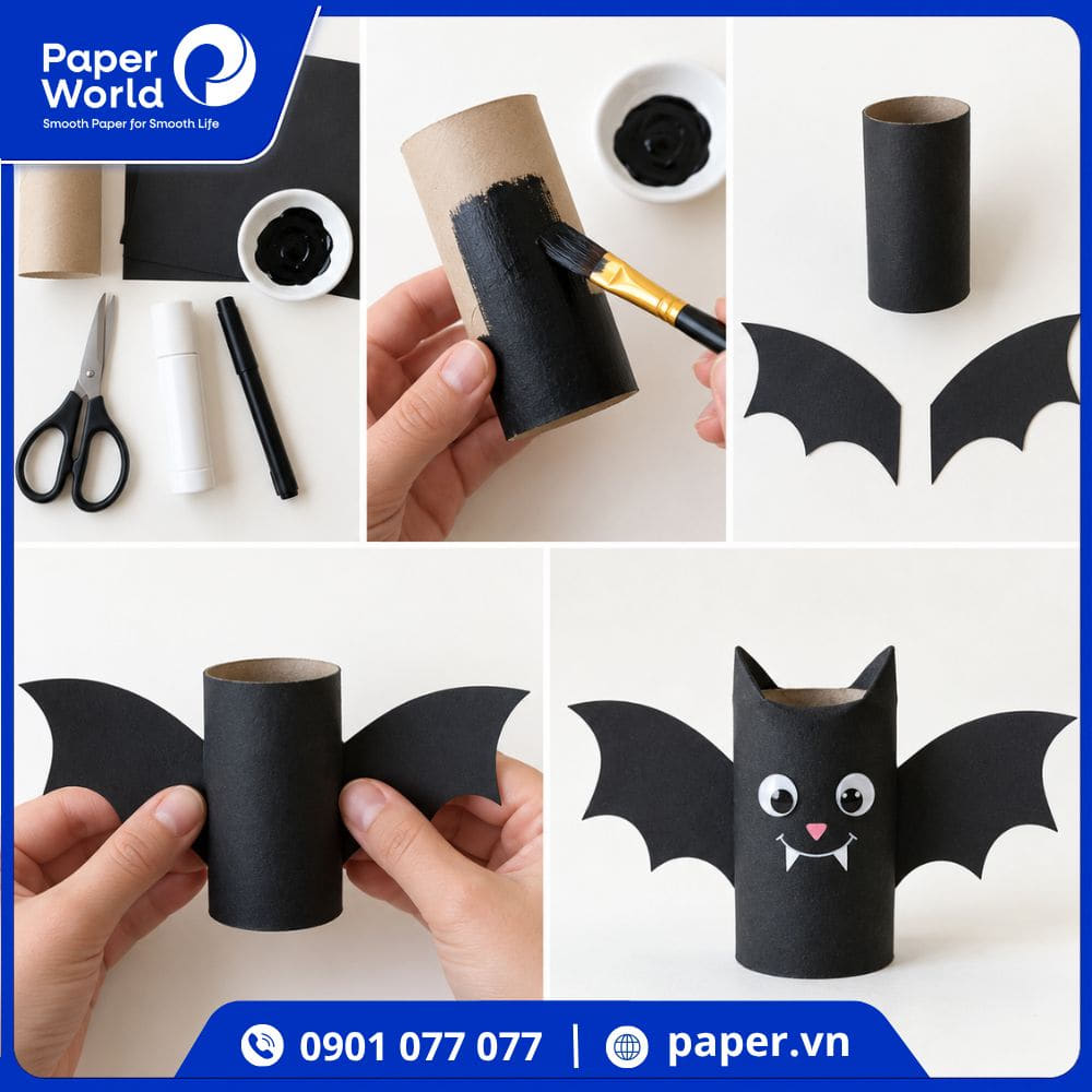 Cách làm đồ chơi Halloween hình con dơi bằng lõi giấy vệ sinh