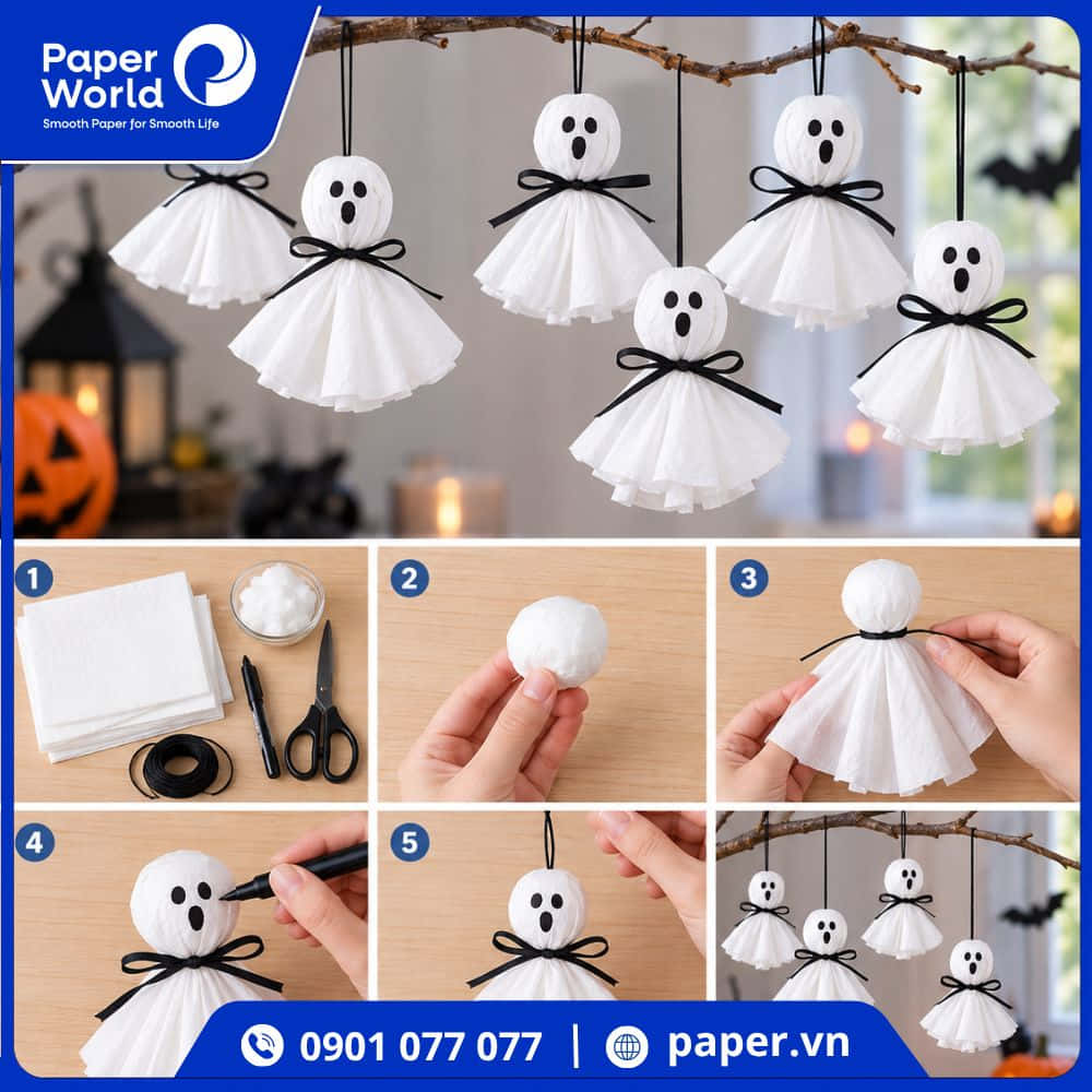 Cách làm con ma trang trí Halloween bằng khăn giấy