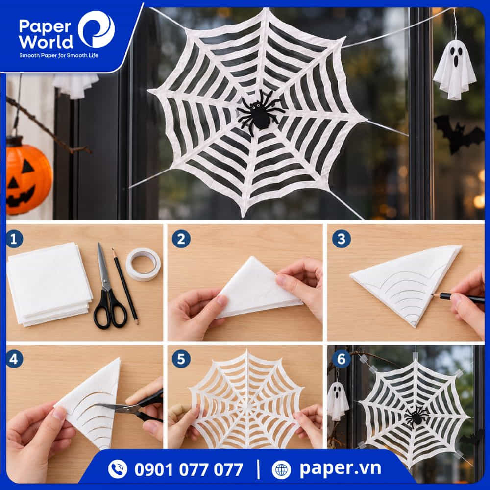 Cách làm mạng nhện trang trí Halloween bằng khăn giấy