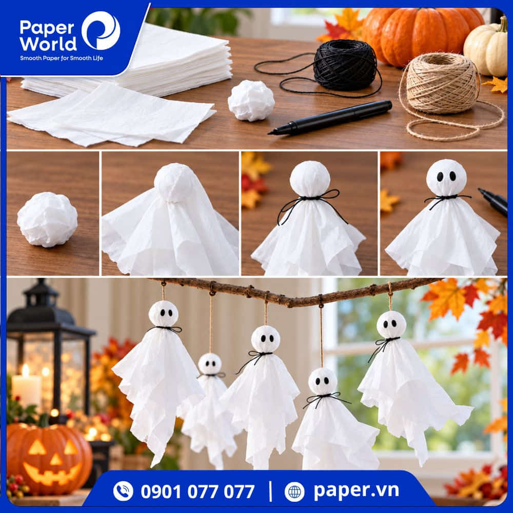 Cách làm con ma halloween bằng khăn giấy