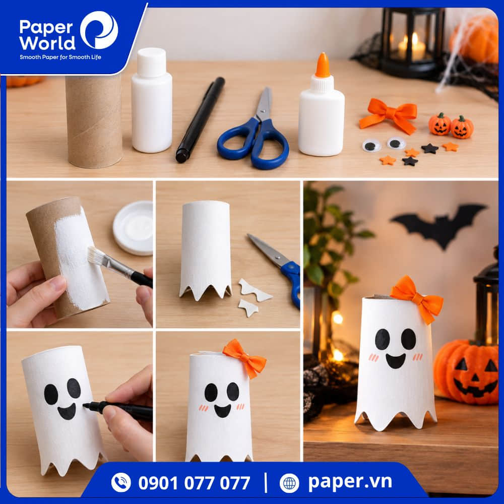 Cách làm con ma halloween bằng lõi giấy vệ sinh